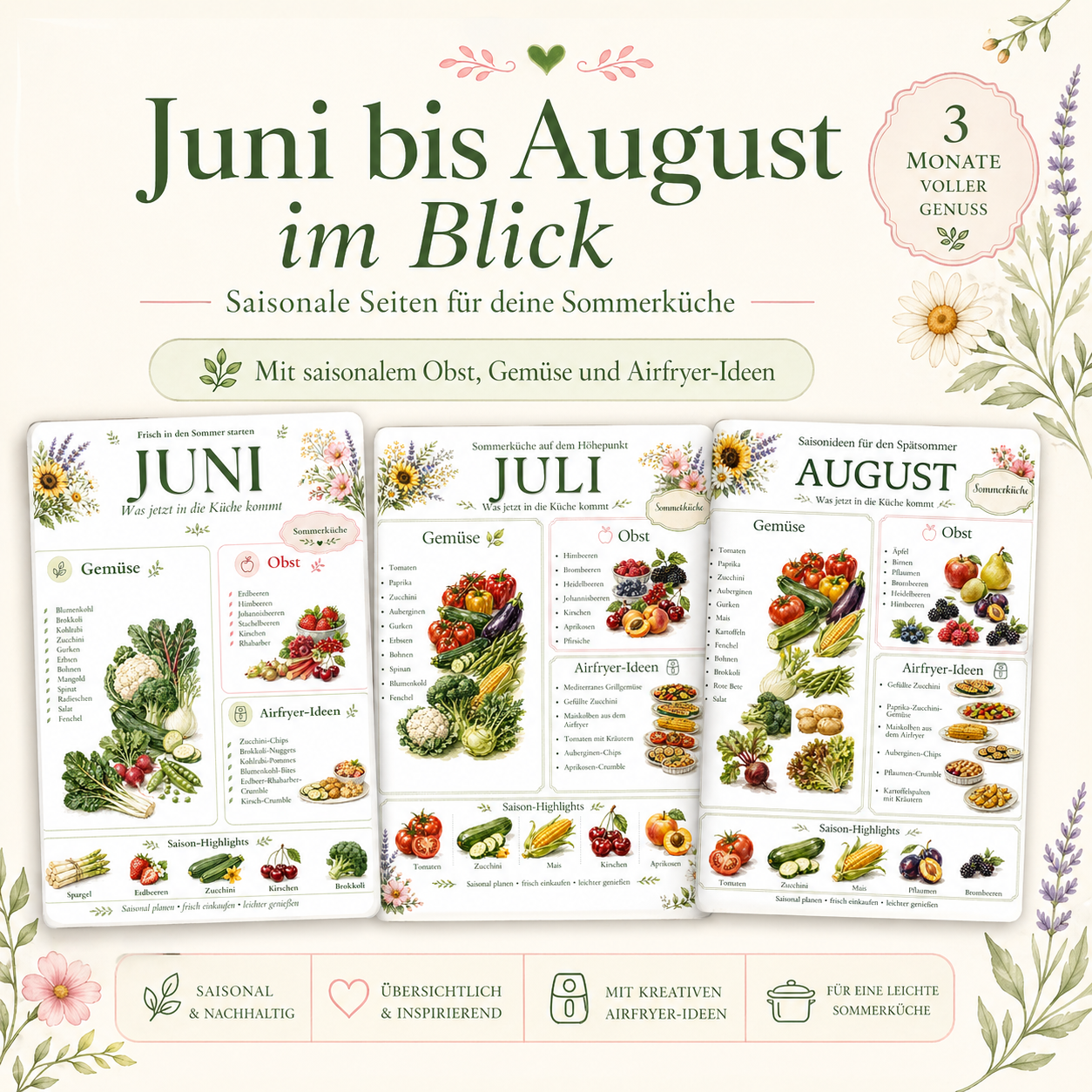 Airfryer Sommer Planer PDF | Saisonkalender, Wochenplaner, Einkaufsliste & Rezeptideen