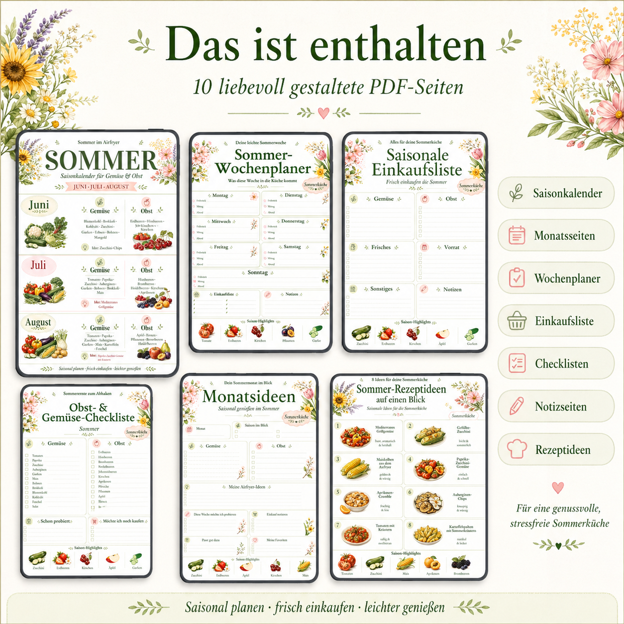Airfryer Sommer Planer PDF | Saisonkalender, Wochenplaner, Einkaufsliste & Rezeptideen