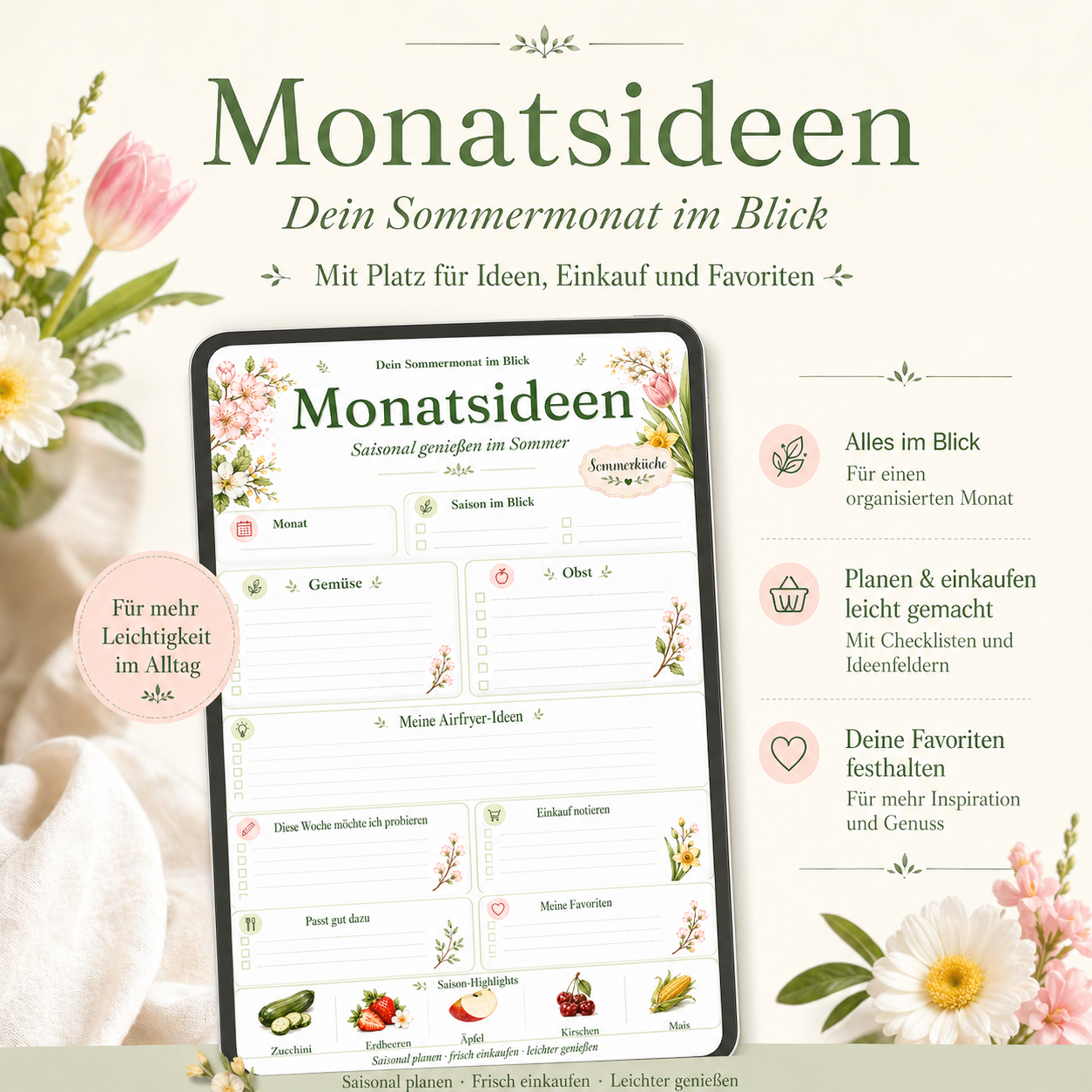 Airfryer Sommer Planer PDF | Saisonkalender, Wochenplaner, Einkaufsliste & Rezeptideen