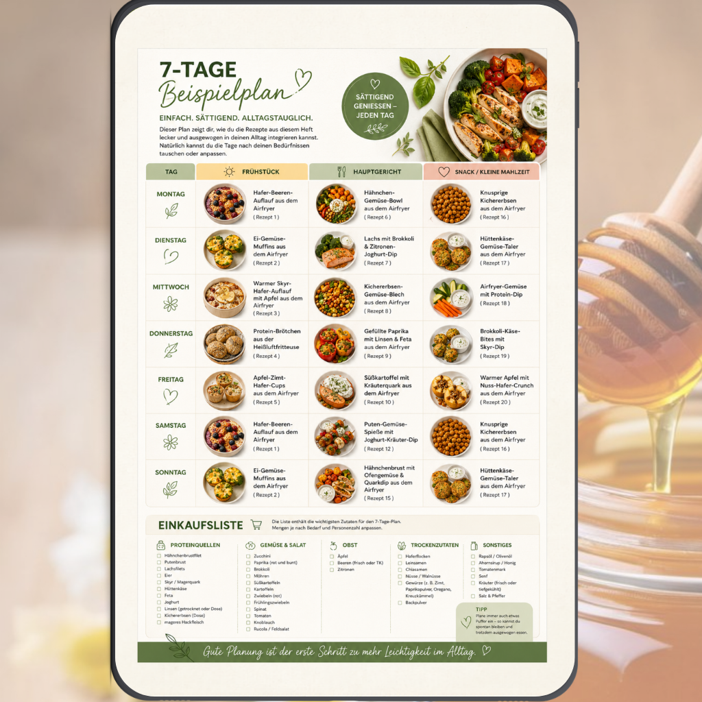 GLP-1-freundlicher Ernährungsplan PDF – 20 Airfryer Rezepte mit Wochenplan & Einkaufsliste