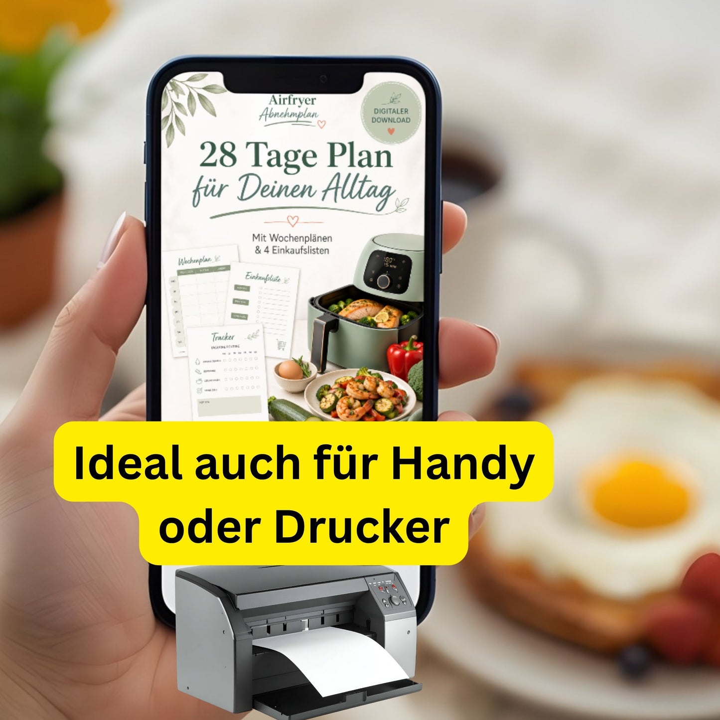 Airfryer Abnehmplan zum Ausdrucken | 28 Tage Low Carb | 55 Seiten mit Wochenplan, Einkaufsliste & Tracker | PDF