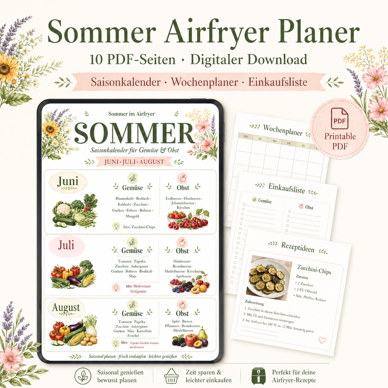 Airfryer Sommer Planer PDF | Saisonkalender, Wochenplaner, Einkaufsliste & Rezeptideen
